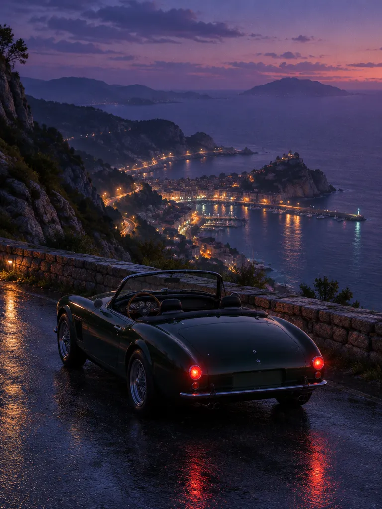 Roadster hijau tua beratap terbuka diparkir di tepi dinding batu di puncak saat blue hour, kota pelabuhan berlampu di bawah.